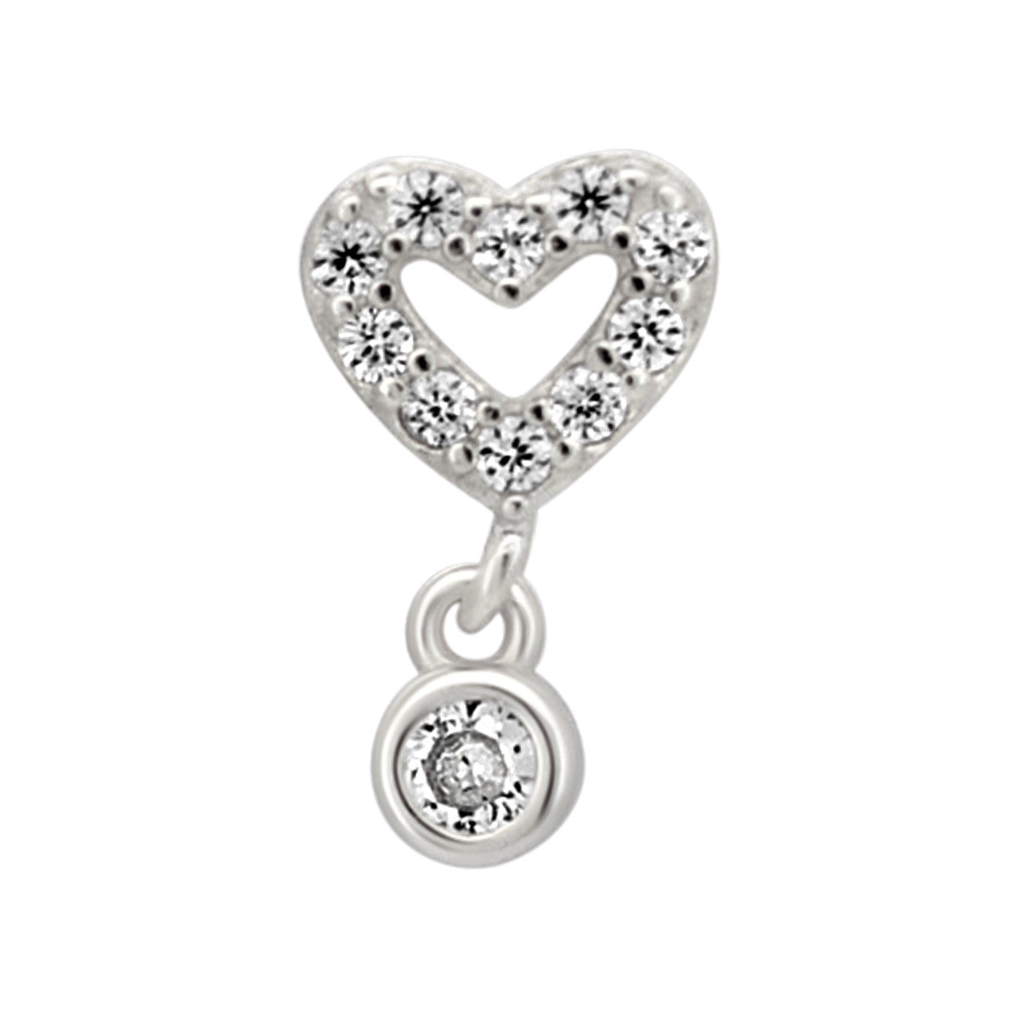 Sterling Silver Hollow CZ Studded Heart Dangling CZ L-Shaped Nose Ring
