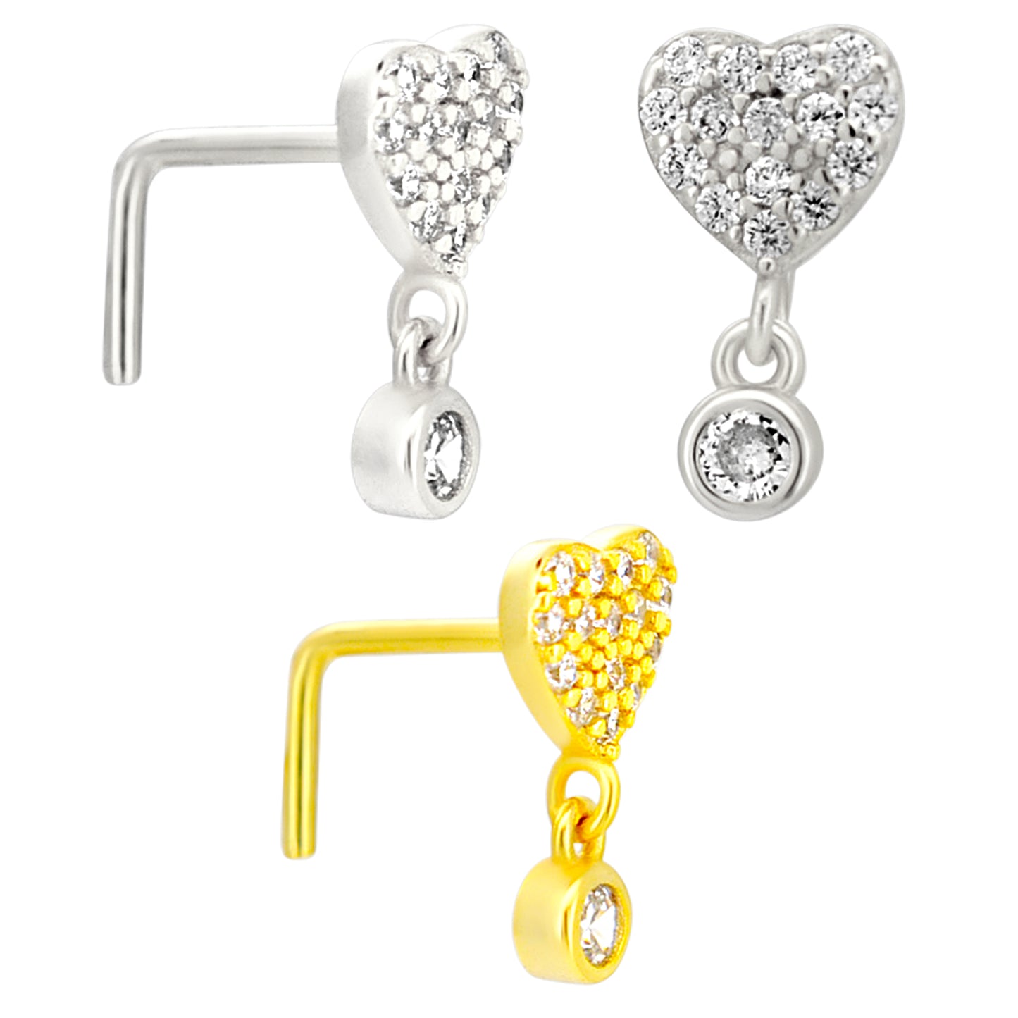 Sterling Silver CZ Studded Heart Dangling CZ L-Shaped Nose Ring