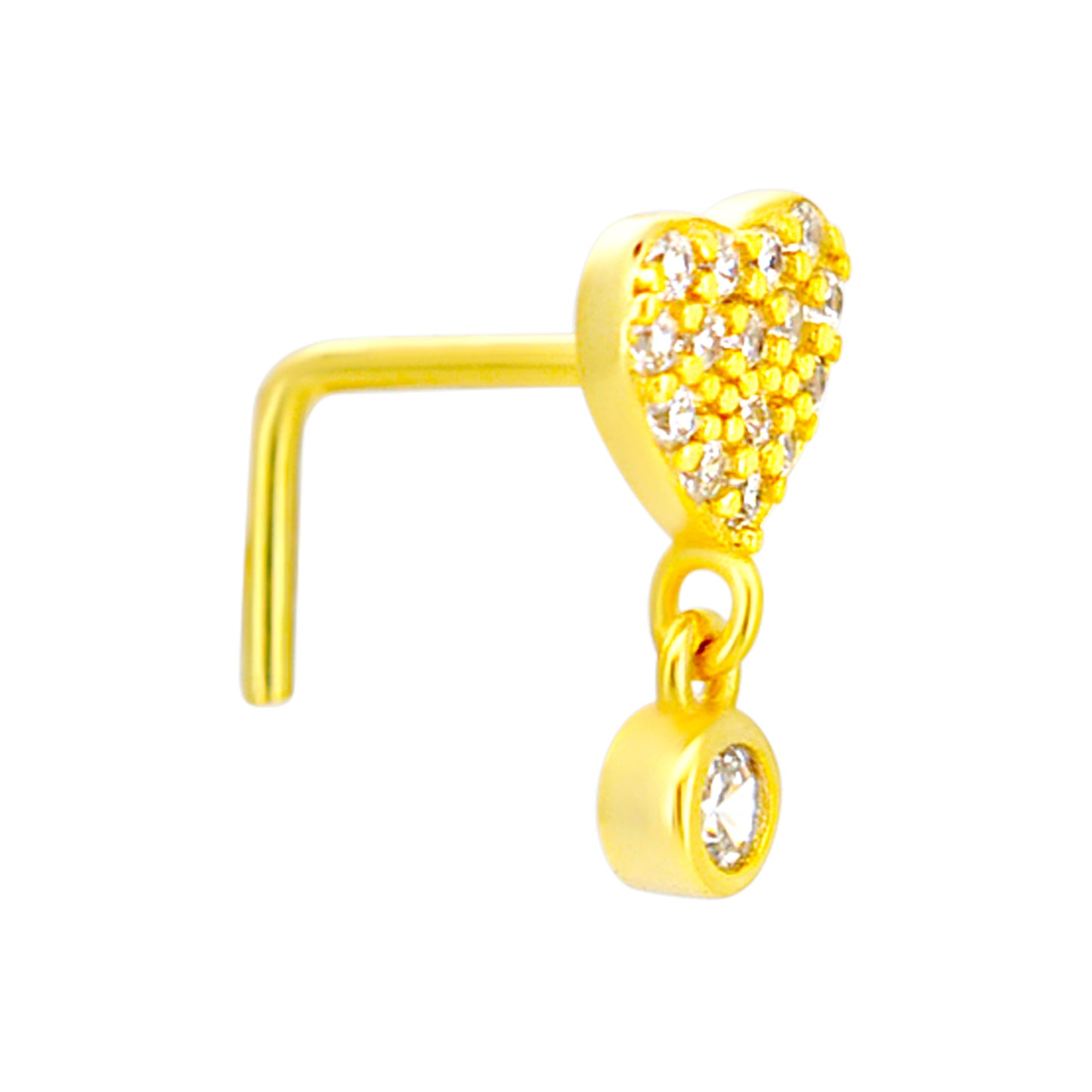 Sterling Silver CZ Studded Heart Dangling CZ L-Shaped Nose Ring