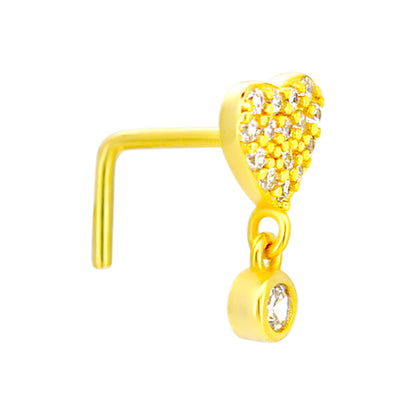 Sterling Silver CZ Studded Heart Dangling CZ L-Shaped Nose Ring