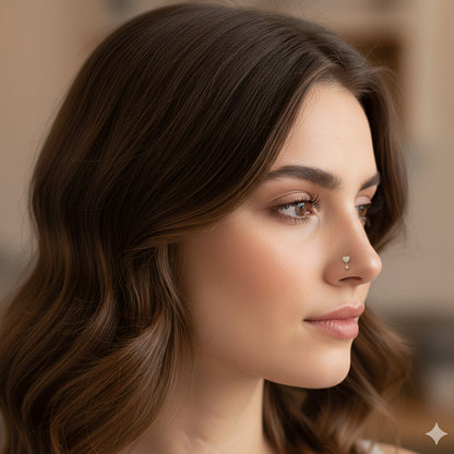 Sterling Silver CZ Studded Heart Dangling CZ L-Shaped Nose Ring