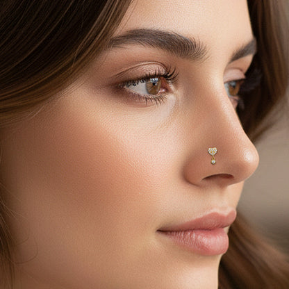 Sterling Silver CZ Studded Heart Dangling CZ L-Shaped Nose Ring