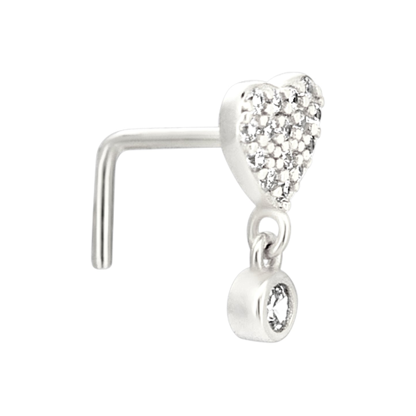 Sterling Silver CZ Studded Heart Dangling CZ L-Shaped Nose Ring