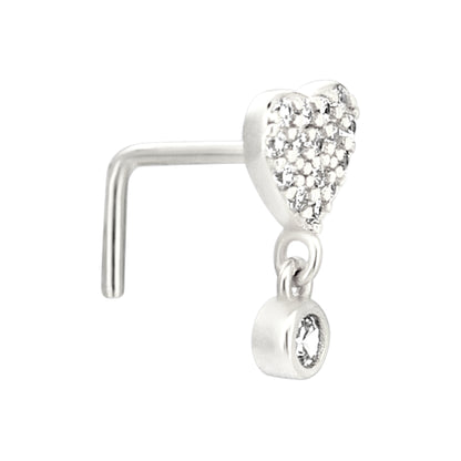 Sterling Silver CZ Studded Heart Dangling CZ L-Shaped Nose Ring