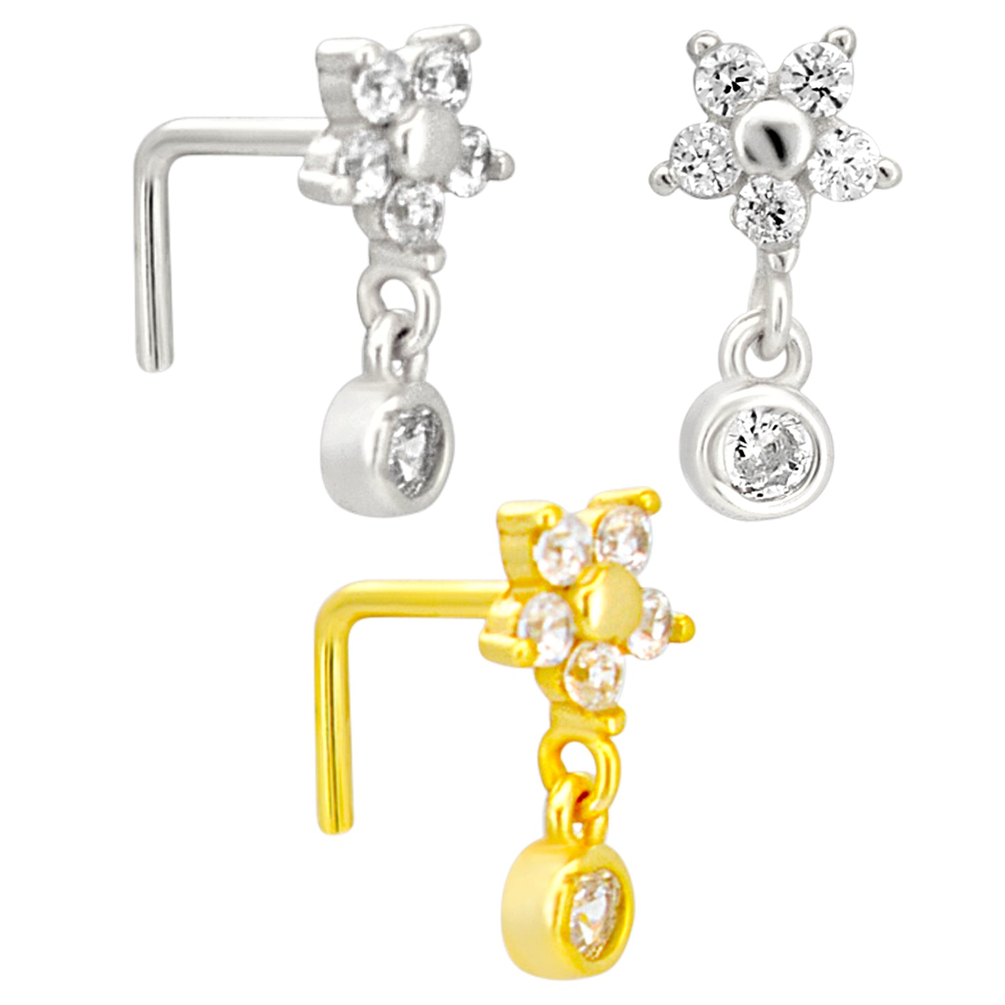 Sterling Silver Five Petal Flower Dangling CZ L-Shaped Nose Ring