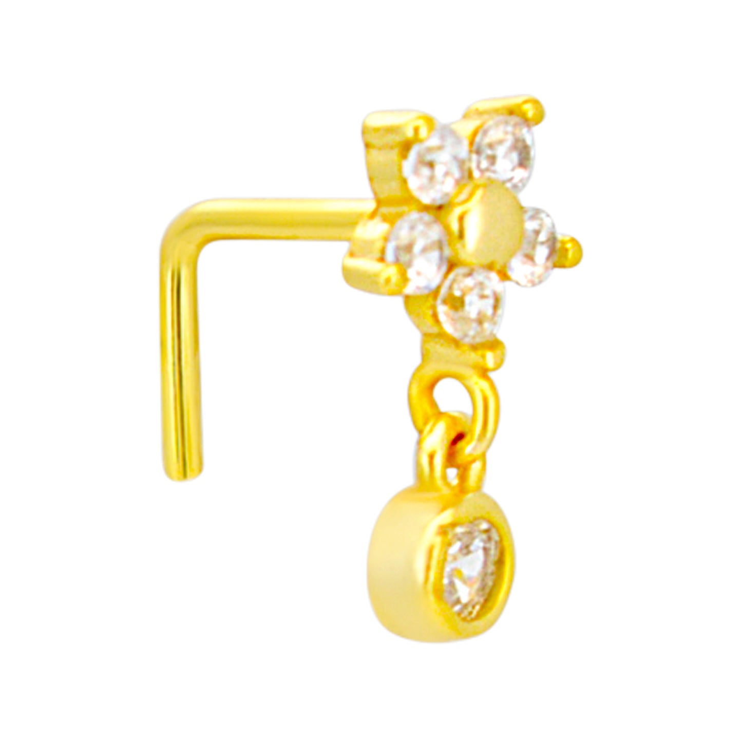 Sterling Silver Five Petal Flower Dangling CZ L-Shaped Nose Ring