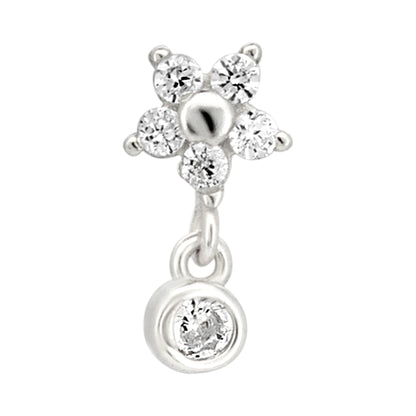 Sterling Silver Five Petal Flower Dangling CZ L-Shaped Nose Ring