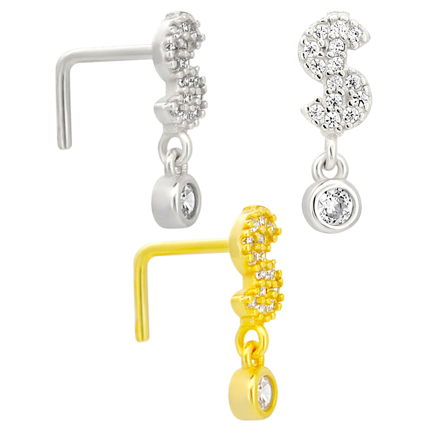 Sterling Silver Dollar Sign with Dangling CZ L-Shaped Nose Ring