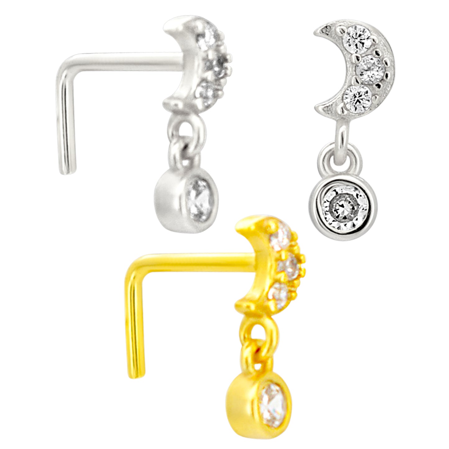 Sterling Silver Moon with Dangling CZ L-Shaped Nose Ring