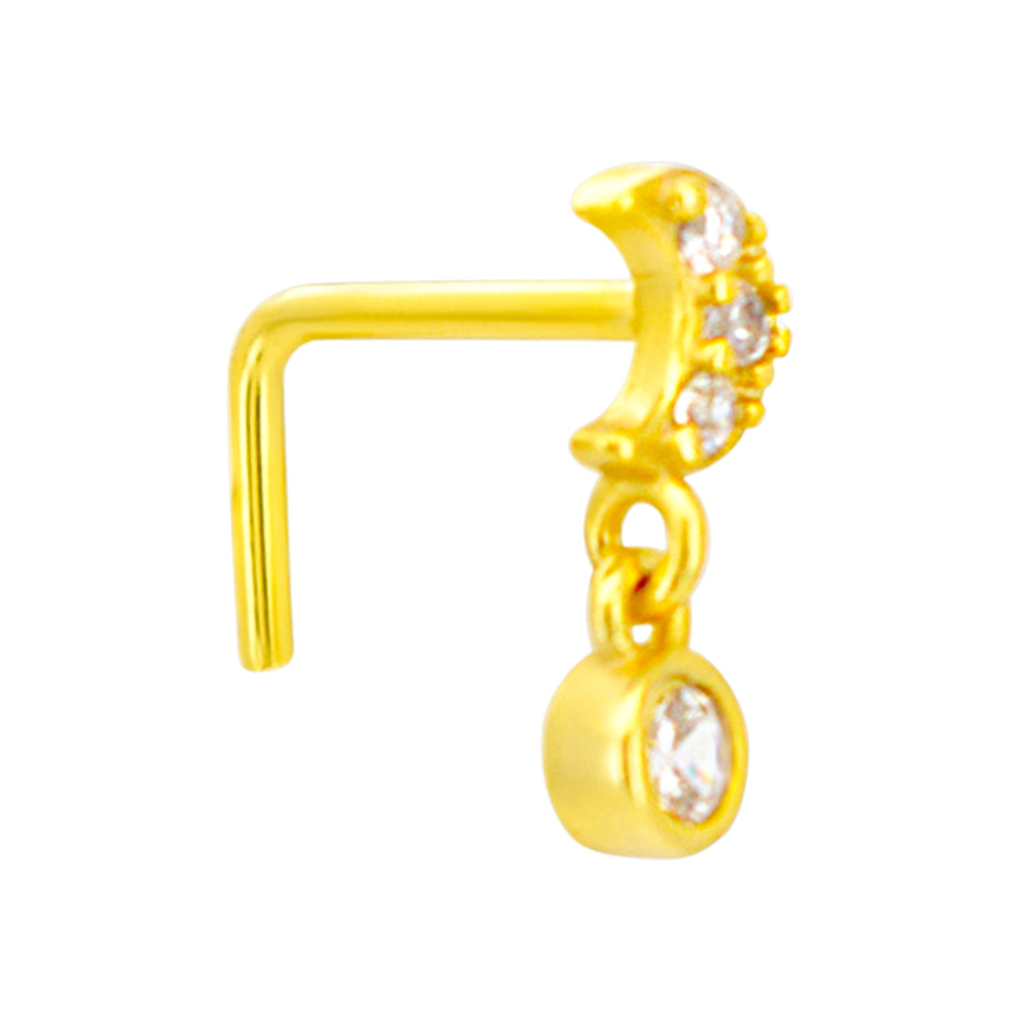 Sterling Silver Moon with Dangling CZ L-Shaped Nose Ring