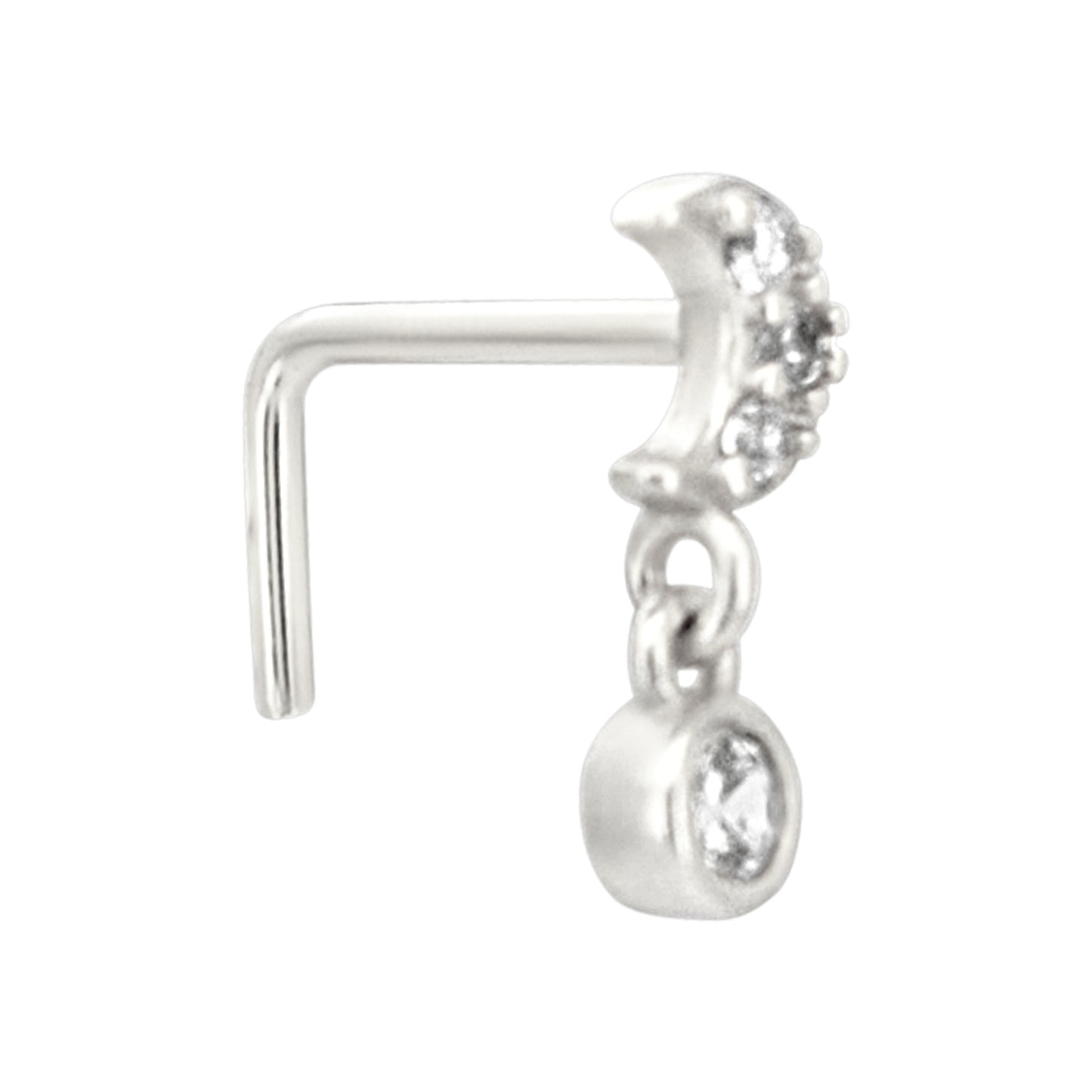 Sterling Silver Moon with Dangling CZ L-Shaped Nose Ring
