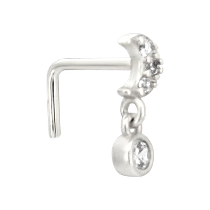 Sterling Silver Moon with Dangling CZ L-Shaped Nose Ring