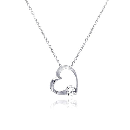 925 Sterling Silver Hollow Heart with Single Accent CZ Pendant Necklace