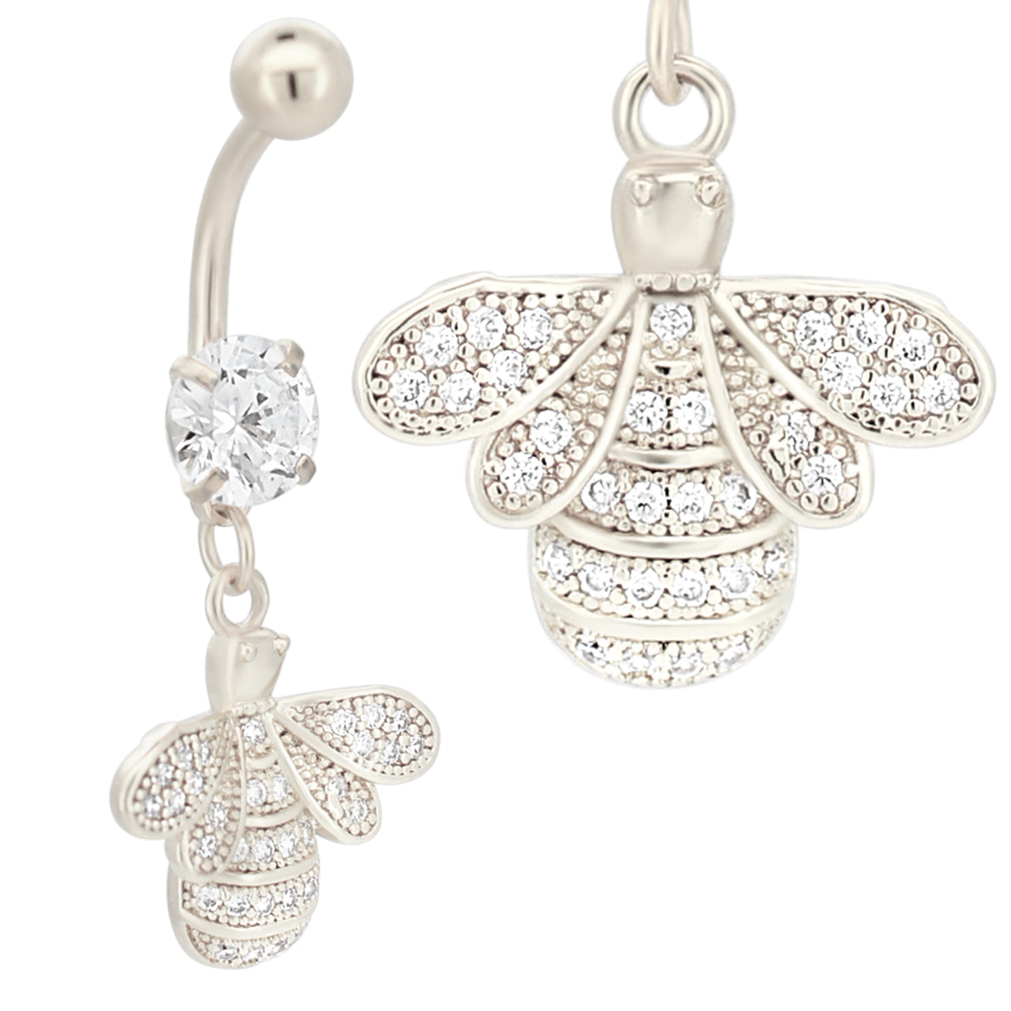 Dangling Bee Belly Ring with Multi CZ, Stainless Steel Navel Ring, Cute Bee Belly Button Jewelry