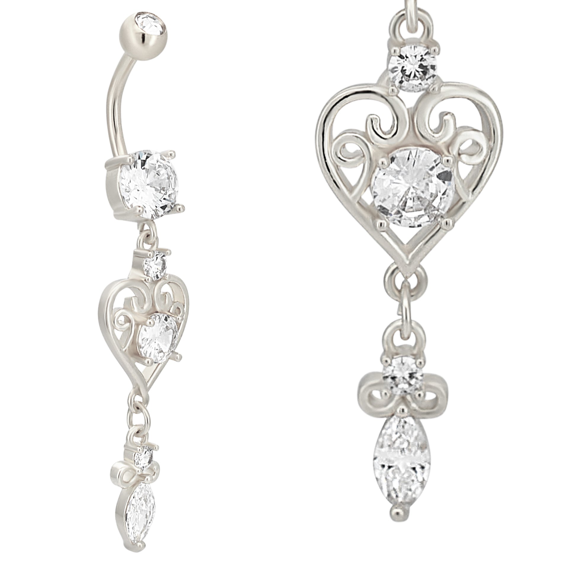 Stainless Steel Zircon Dangle Belly Ring, Heart Design, Ornate Zircon Navel Piercing, Body Jewelry