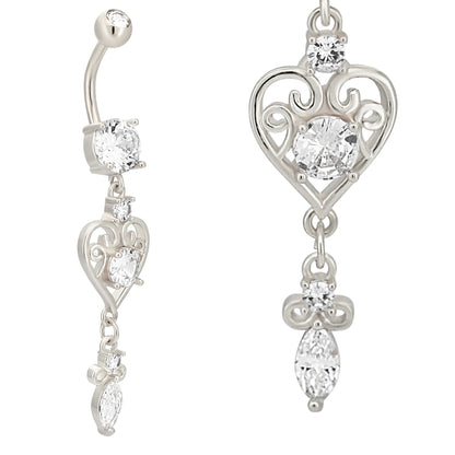 Stainless Steel Zircon Dangle Belly Ring, Heart Design, Ornate Zircon Navel Piercing, Body Jewelry