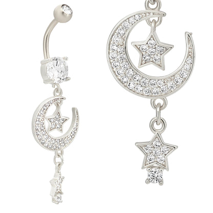 Stainless Steel Zircon Moon Stars Belly Ring, Dangling Navel Piercing Jewelry, Stainless Steel Zircon Body Jewelry