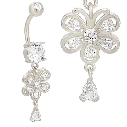 Stainless Steel Zircon Belly Ring, Dangling Flower & Pear Shaped Zircon, Navel Piercing Jewelry