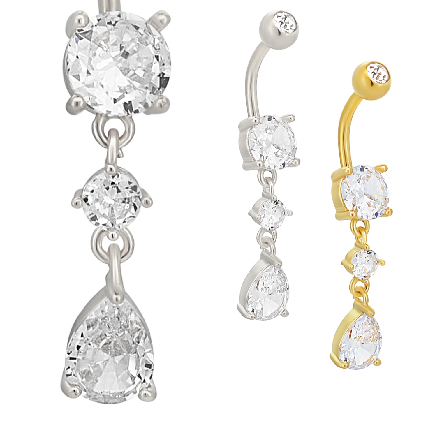 Stainless Steel Zircon Belly Ring, Round Shape, Dangling Pear Zircon, Body Jewelry, Navel Piercing, Hypoallergenic