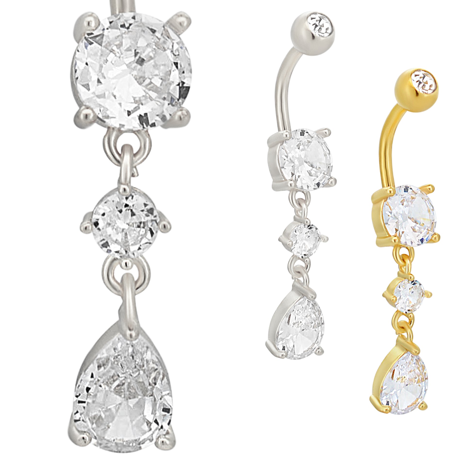 Stainless Steel Zircon Belly Ring, Round Shape, Dangling Pear Zircon, Body Jewelry, Navel Piercing, Hypoallergenic