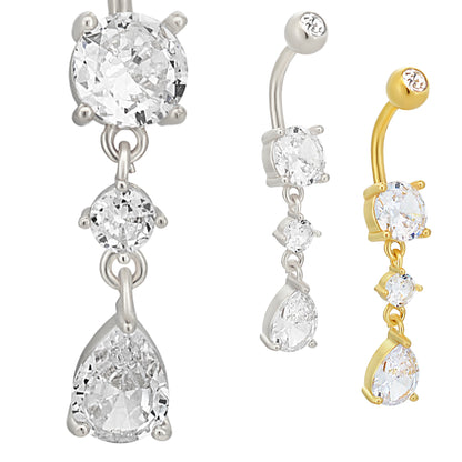Stainless Steel Zircon Belly Ring, Round Shape, Dangling Pear Zircon, Body Jewelry, Navel Piercing, Hypoallergenic