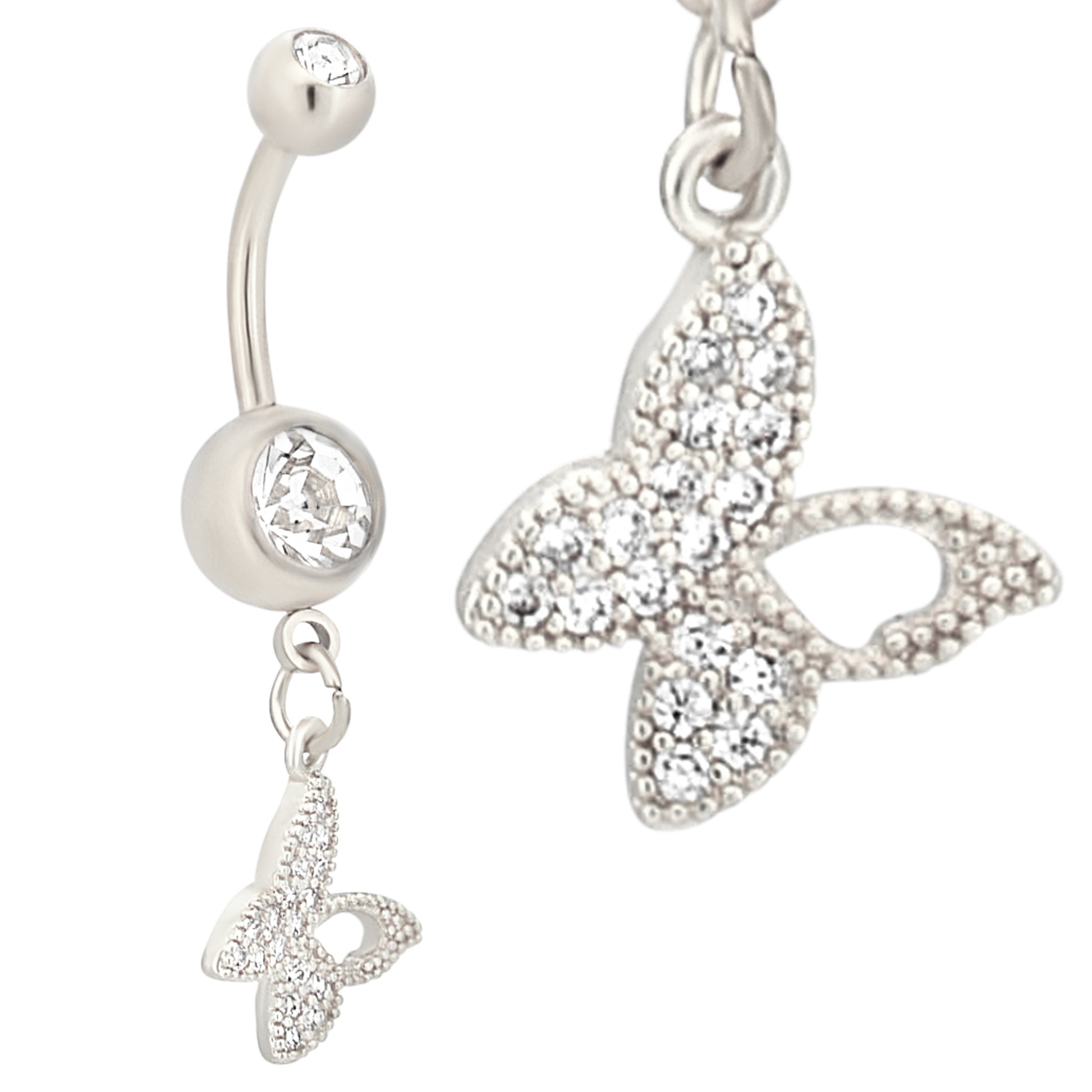 316L Stainless Steel Butterfly Belly Ring with Zircon Bezel Setting, Round Zircon Dangle Navel Ring