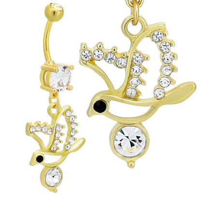 Stainless Steel Round Zircon Belly Ring with Dangling Flying Bird, Unique Bird Navel Ring, Sparkling Navel Piercing Jewelry