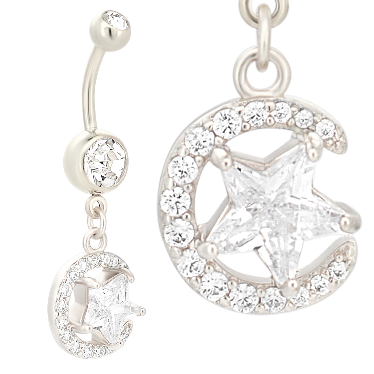 Dangling Crescent Moon and Star Belly Ring, Stainless Steel, Zircon Design, Navel Jewelry