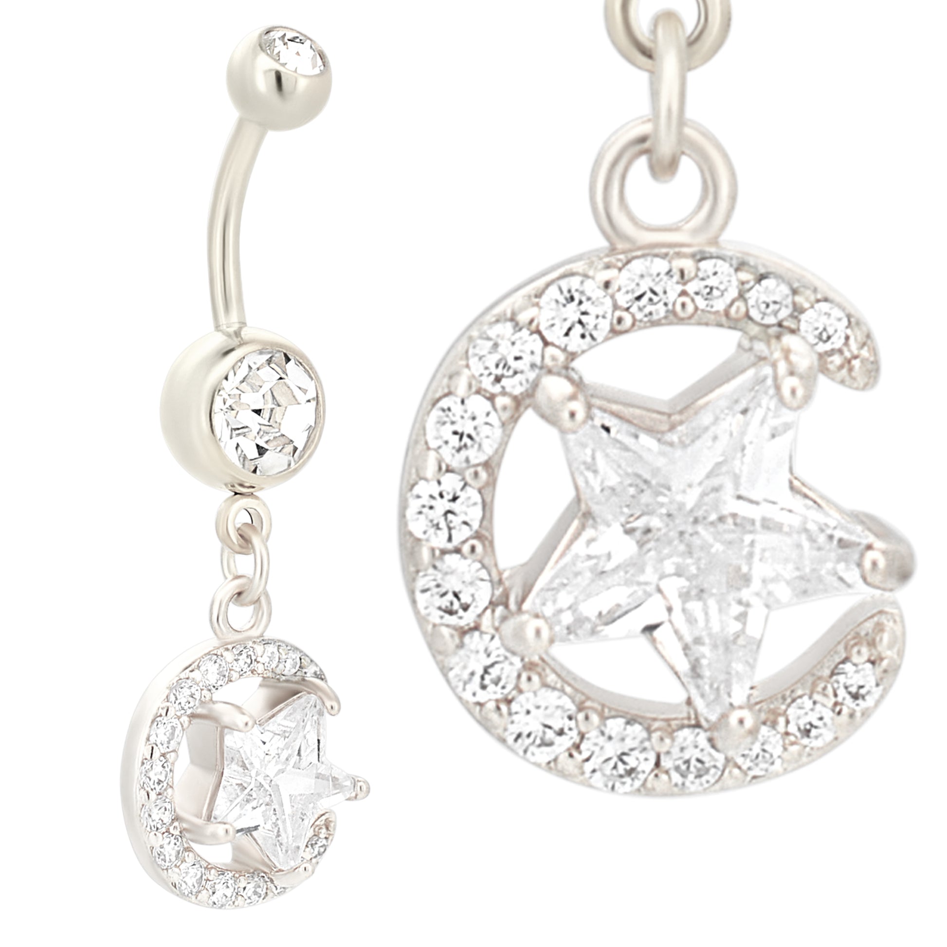 Dangling Crescent Moon and Star Belly Ring, Stainless Steel, Zircon Design, Navel Jewelry