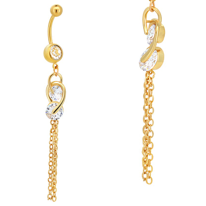 Dangling Double CZ Chain Drop Belly Ring, Stainless Steel Belly Piercing, Unique Navel Jewelry, Sparkling Dangle