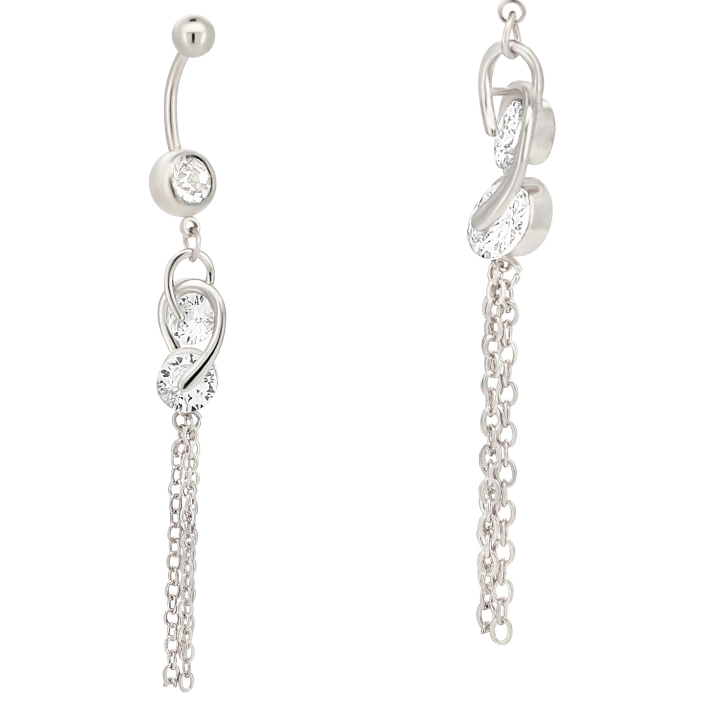 Dangling Double CZ Chain Drop Belly Ring, Stainless Steel Belly Piercing, Unique Navel Jewelry, Sparkling Dangle