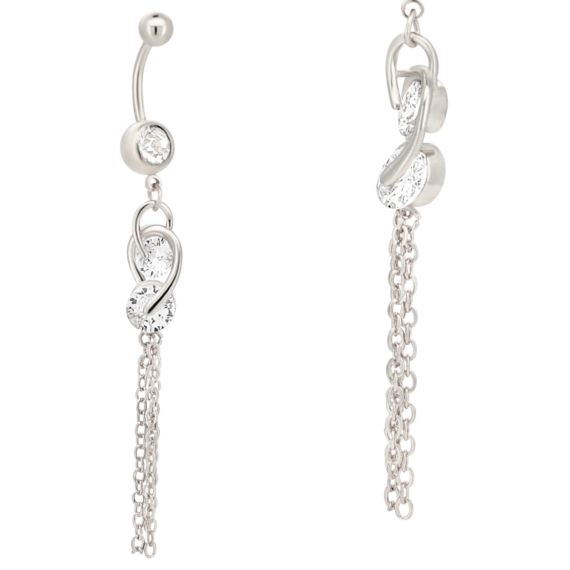 Dangling Double CZ Chain Drop Belly Ring, Stainless Steel Belly Piercing, Unique Navel Jewelry, Sparkling Dangle