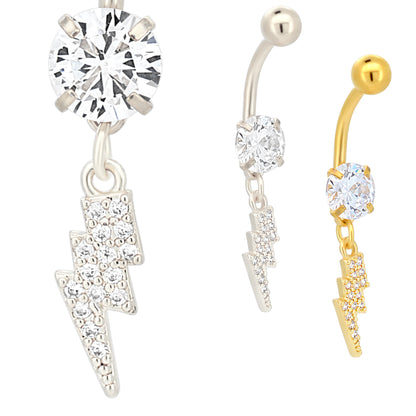  Multi CZ Belly Ring, Stainless Steel Dangling Lightning Bolt Navel Piercing, Unique Jewelry