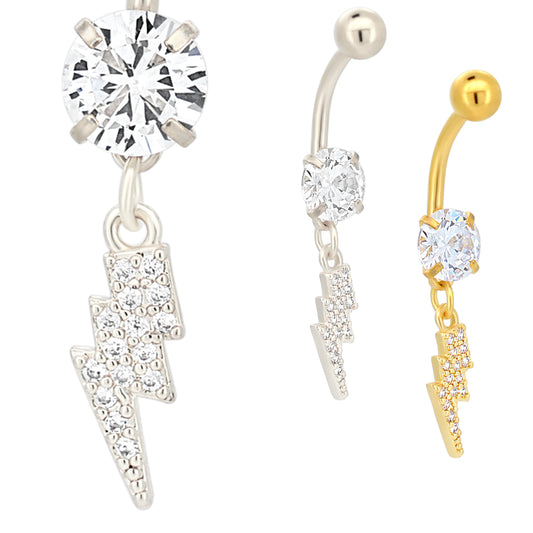  Multi CZ Belly Ring, Stainless Steel Dangling Lightning Bolt Navel Piercing, Unique Jewelry