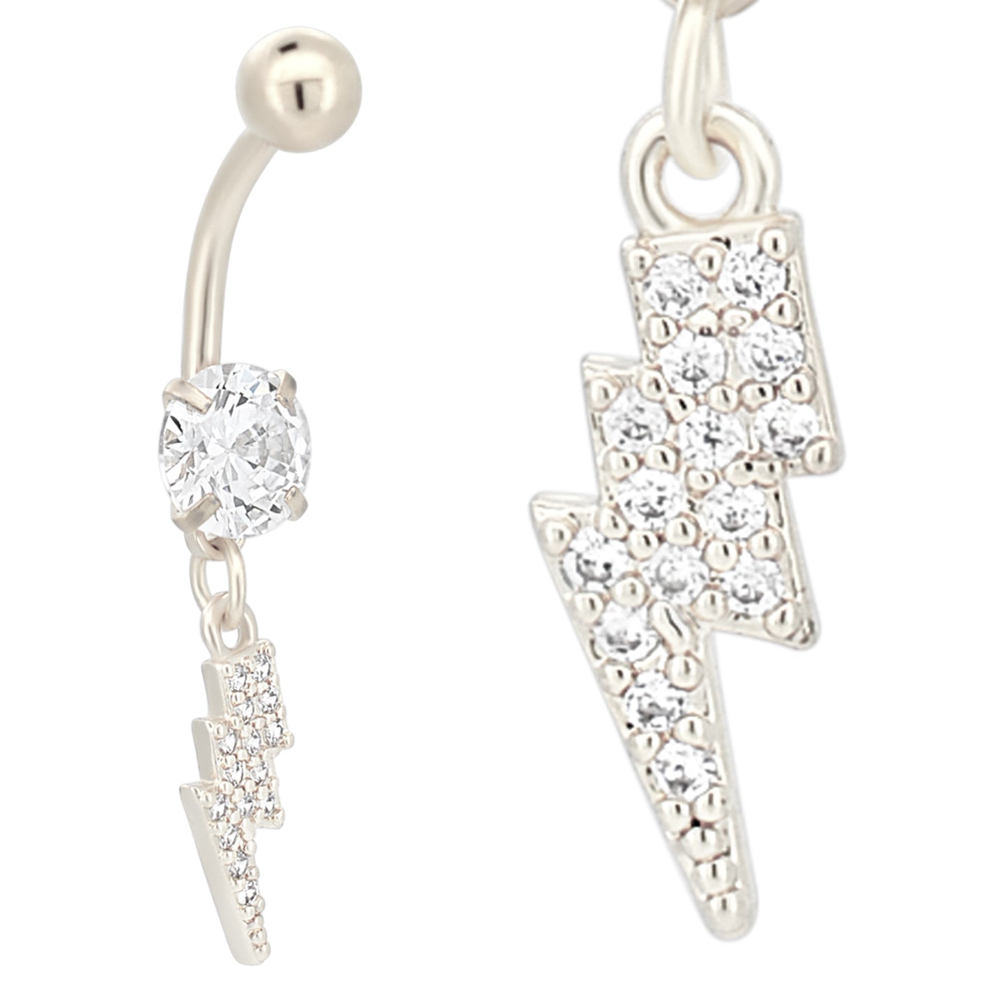  Multi CZ Belly Ring, Stainless Steel Dangling Lightning Bolt Navel Piercing, Unique Jewelry