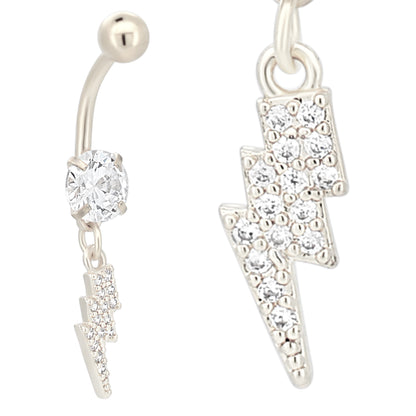  Multi CZ Belly Ring, Stainless Steel Dangling Lightning Bolt Navel Piercing, Unique Jewelry