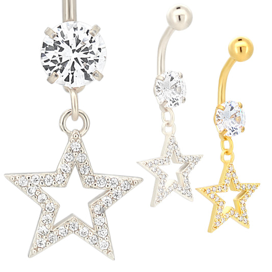 Dangling Star Belly Ring with Zircon Design, 316L Stainless Steel, Unique Navel Piercing, Body Jewelry