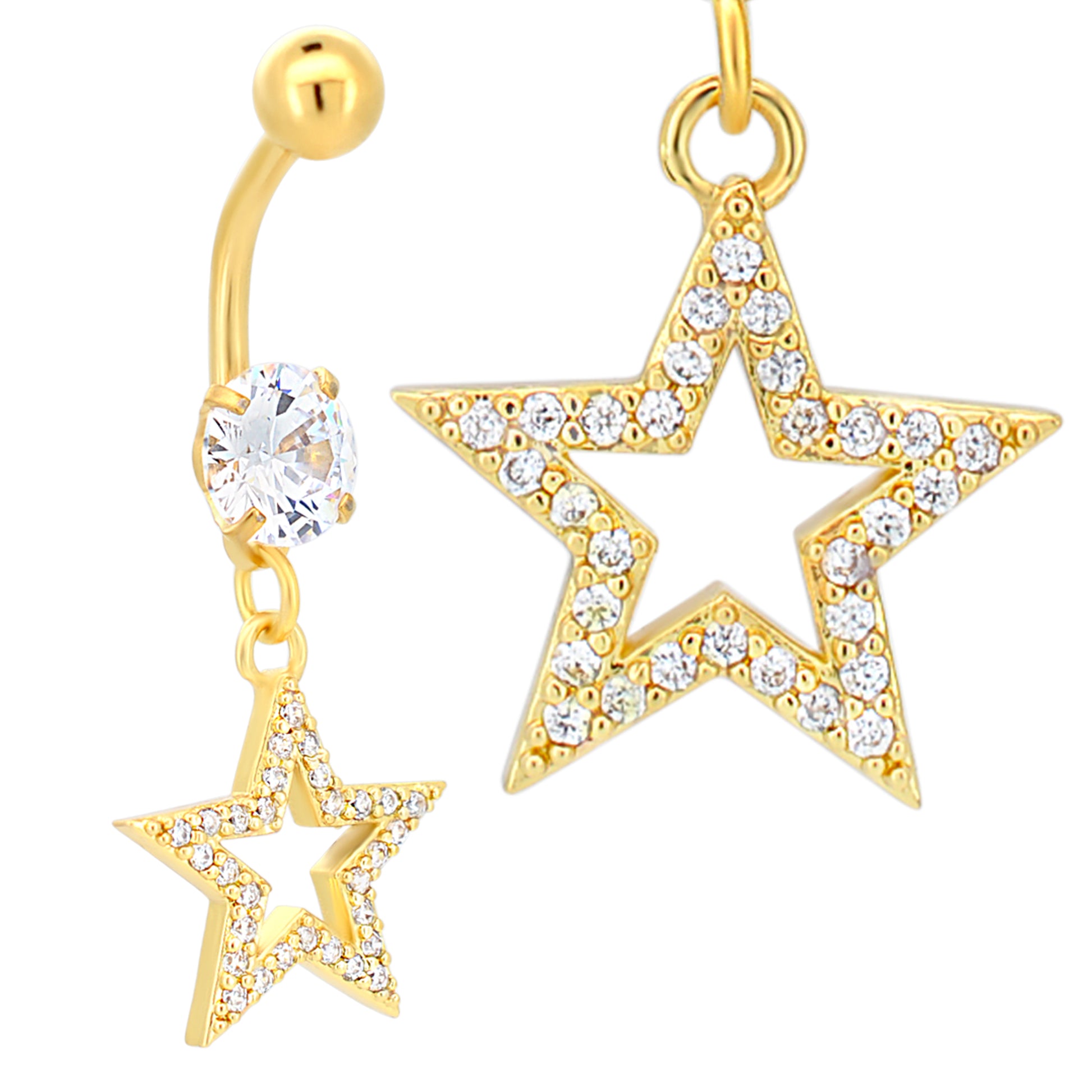 Dangling Star Belly Ring with Zircon Design, 316L Stainless Steel, Unique Navel Piercing, Body Jewelry