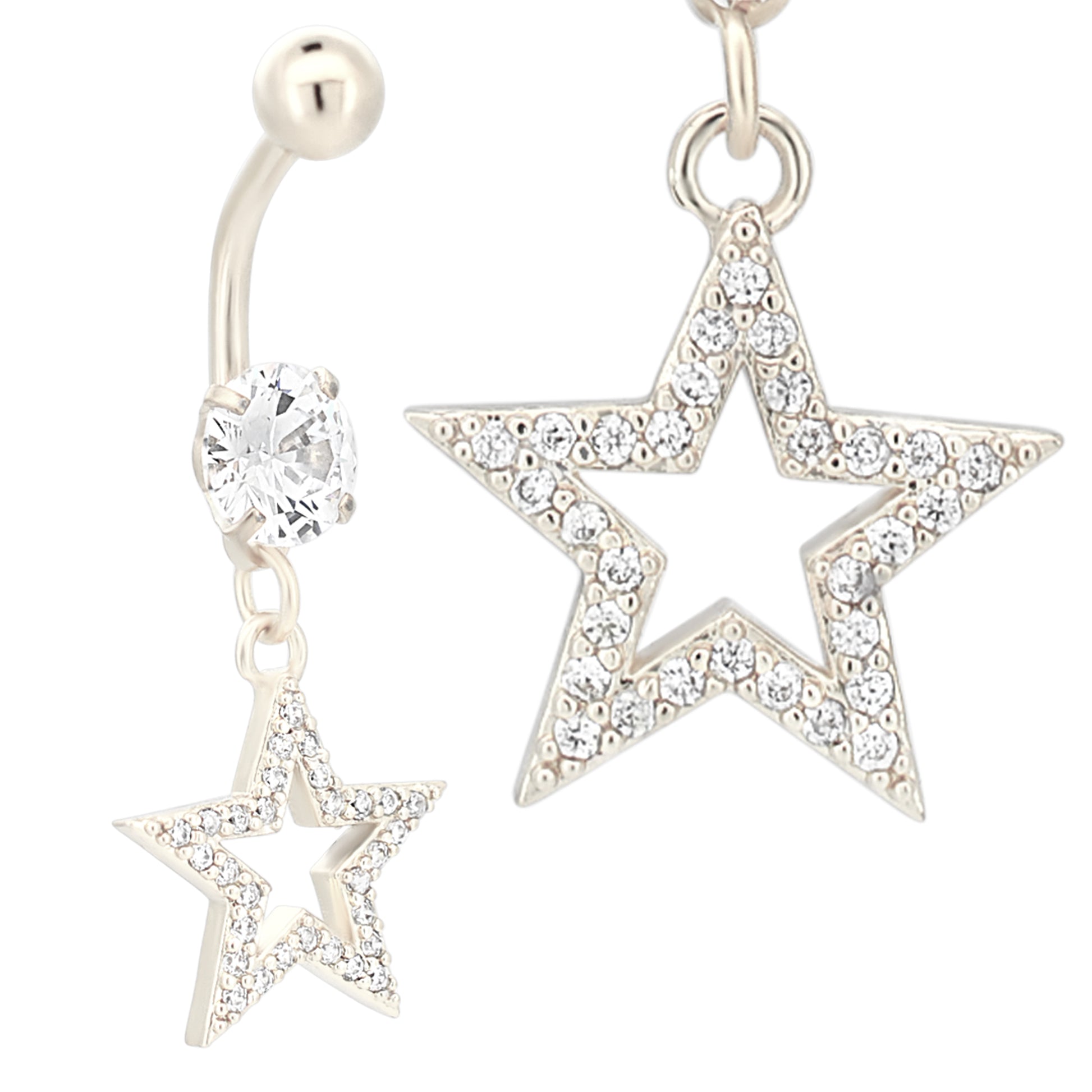 Dangling Star Belly Ring with Zircon Design, 316L Stainless Steel, Unique Navel Piercing, Body Jewelry
