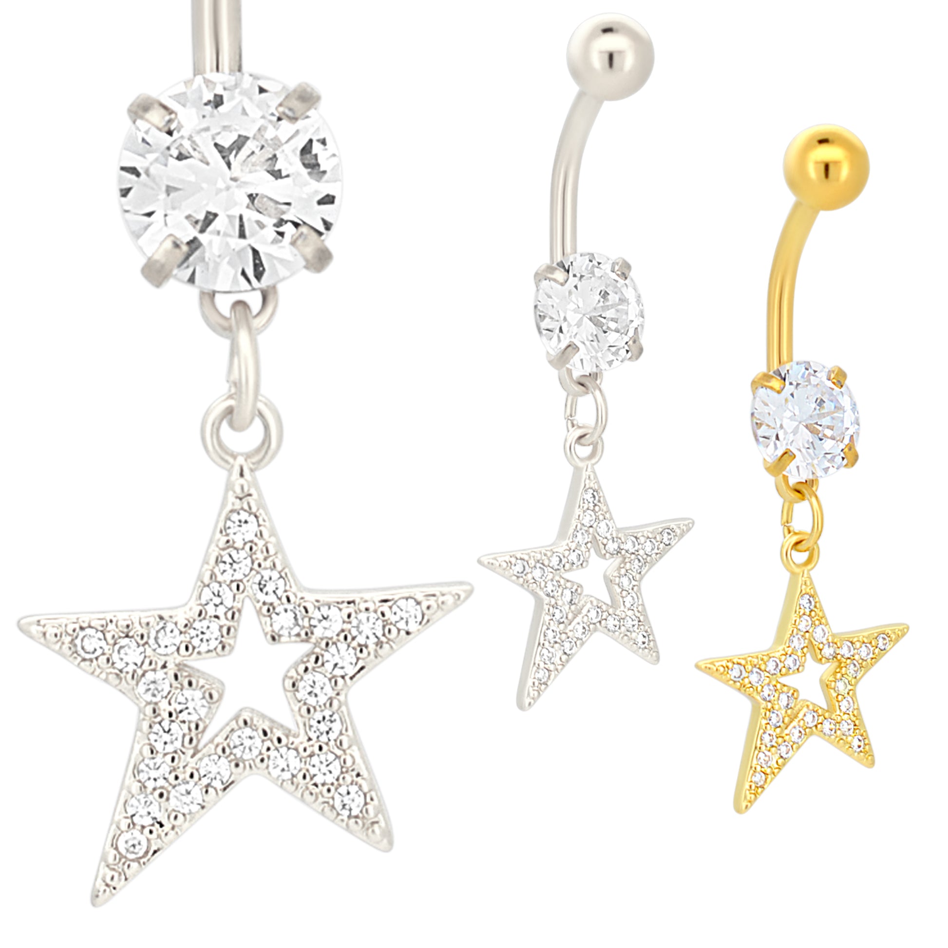 Oblique Hollow Star CZ Belly Ring, Stainless Steel Dangle, Multi CZ Navel Ring, Belly Button Jewelry