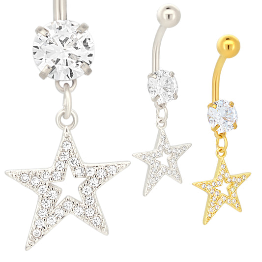 Oblique Hollow Star CZ Belly Ring, Stainless Steel Dangle, Multi CZ Navel Ring, Belly Button Jewelry