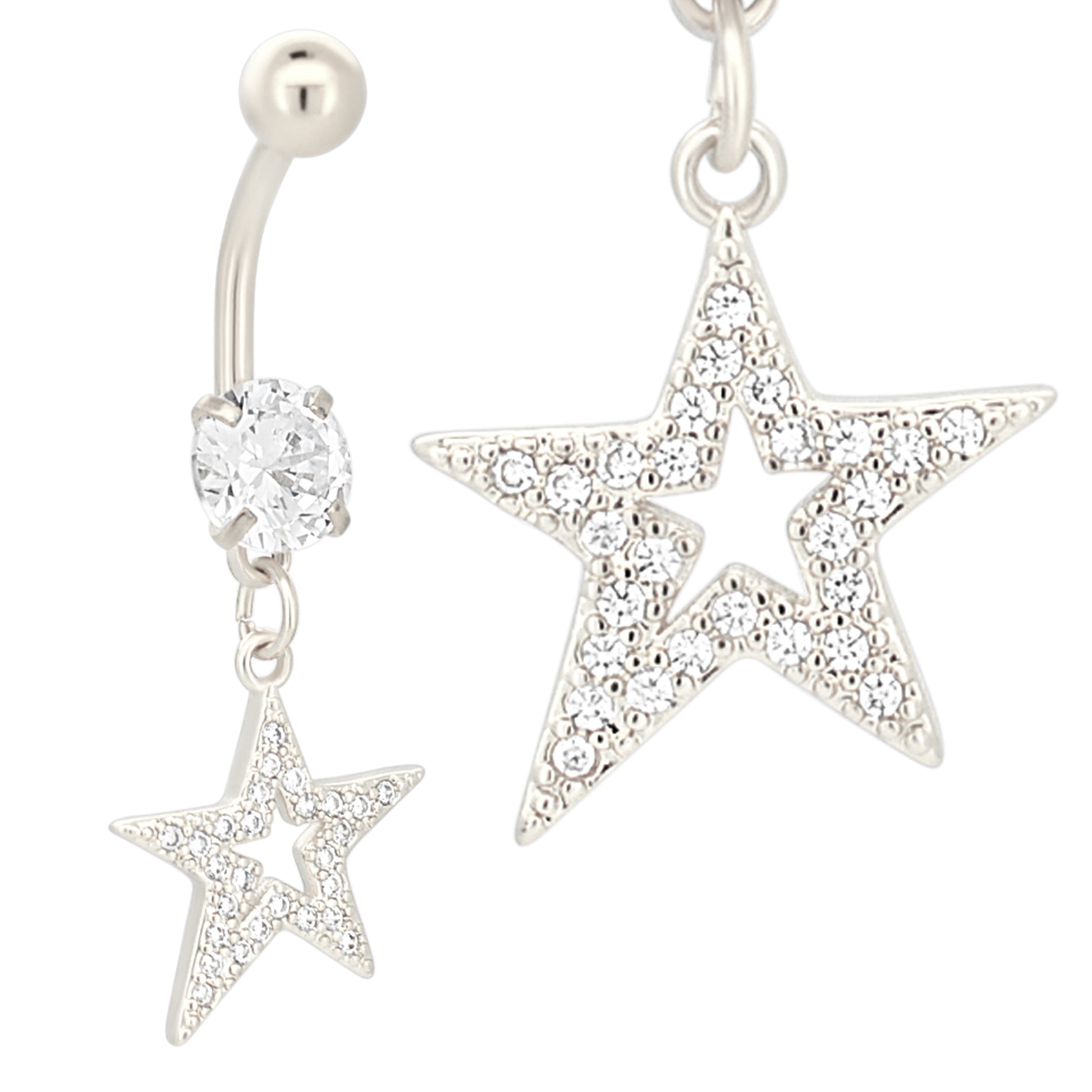 Oblique Hollow Star CZ Belly Ring, Stainless Steel Dangle, Multi CZ Navel Ring, Belly Button Jewelry