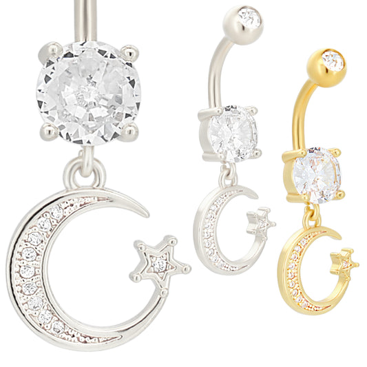 Dainty Crescent Moon Belly Ring, Stainless Steel Dangle with Star & Zircon, Hypoallergenic Navel Jewelry