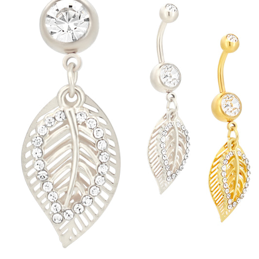 Leaf Design Belly Ring, Dangling Zircon Charm, Stainless Steel Navel Piercing, Unique Body Jewelry