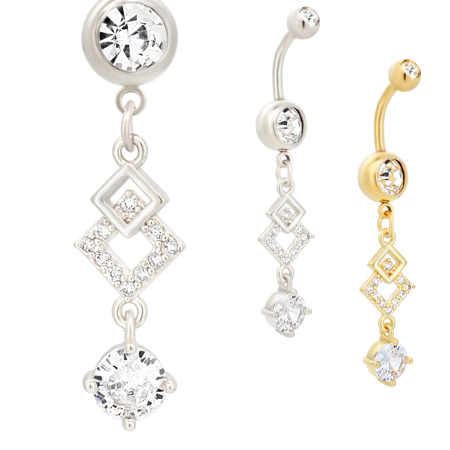  Dangling Diamond Shape Belly Ring, Round Zircon Design, Stainless Steel Belly Button Piercing, Fashion Jewelry
