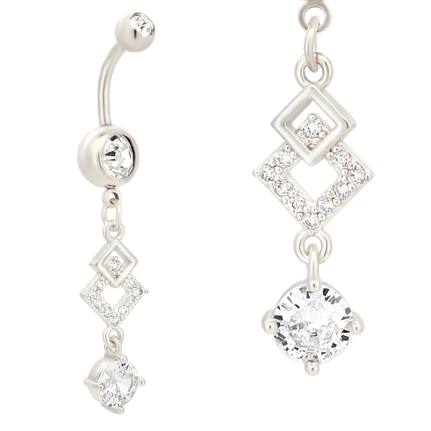  Dangling Diamond Shape Belly Ring, Round Zircon Design, Stainless Steel Belly Button Piercing, Fashion Jewelry