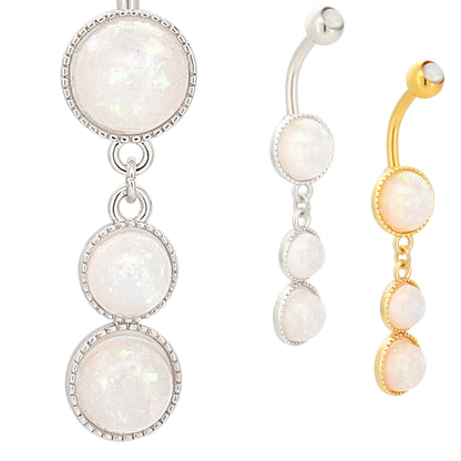 Stainless Steel Belly Ring with Opalite Triple Round Dangle, Navel Piercing Jewelry