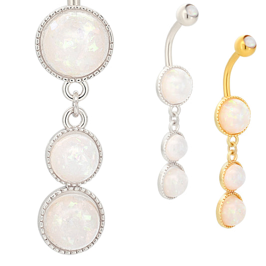Stainless Steel Belly Ring with Opalite Triple Round Dangle, Navel Piercing Jewelry