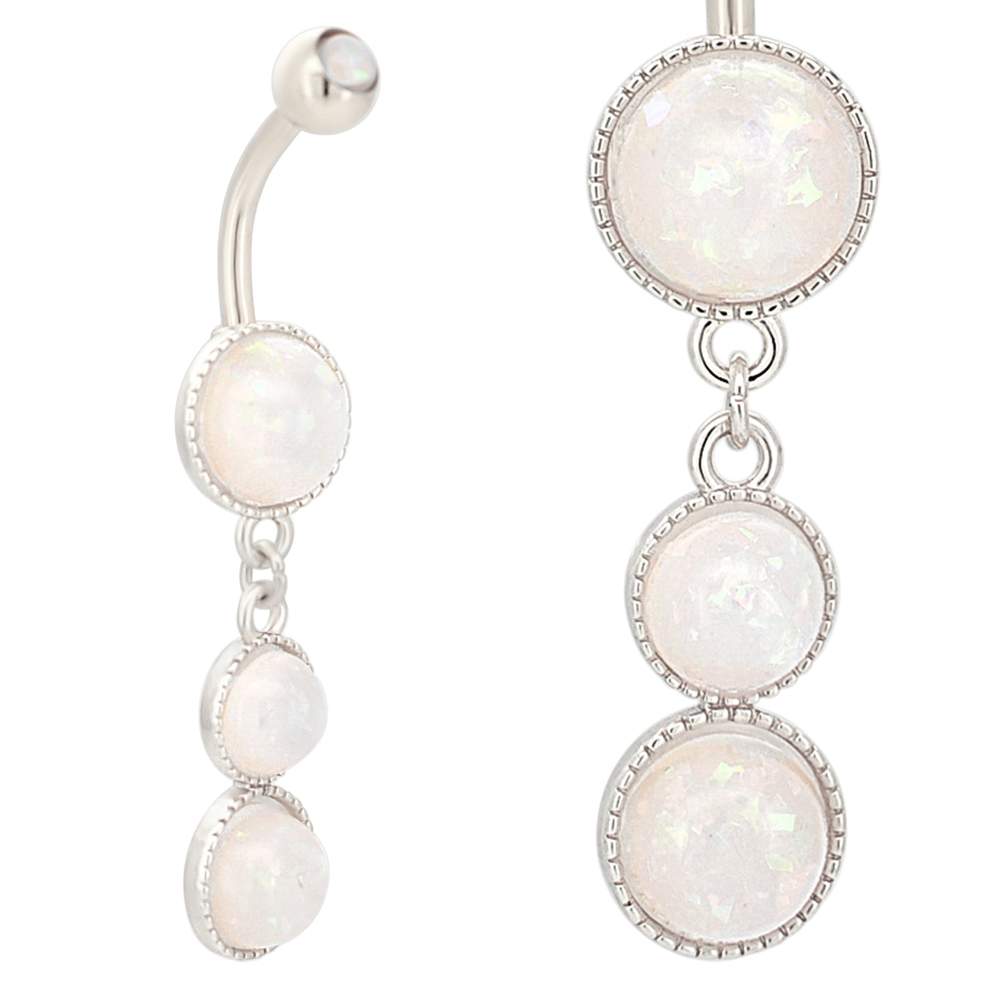 Stainless Steel Belly Ring with Opalite Triple Round Dangle, Navel Piercing Jewelry