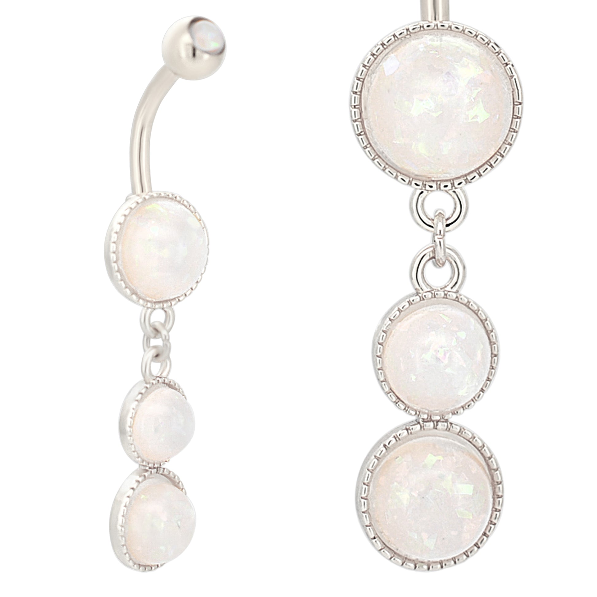 Stainless Steel Belly Ring with Opalite Triple Round Dangle, Navel Piercing Jewelry